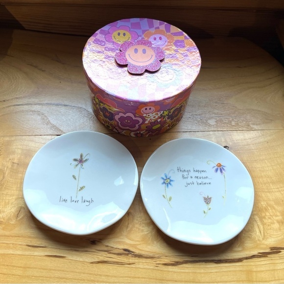 2 NATURAL LIFE Trinket Dish JUST BELIEVE LIVE LOVE LAUGH Floral Ceramic Jewelry - Picture 1 of 9